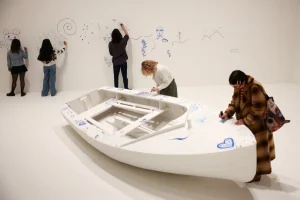 The boat, primed with Woco Supercote, forms a blank canvas for visitors to paint and draw on